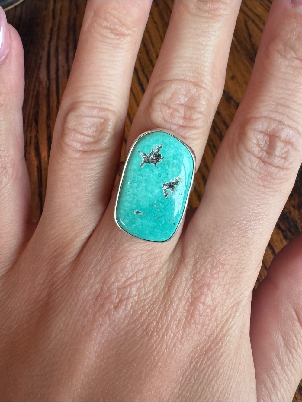 Turquoise Stone Ring in Green-Blue with Sterling Silver Band